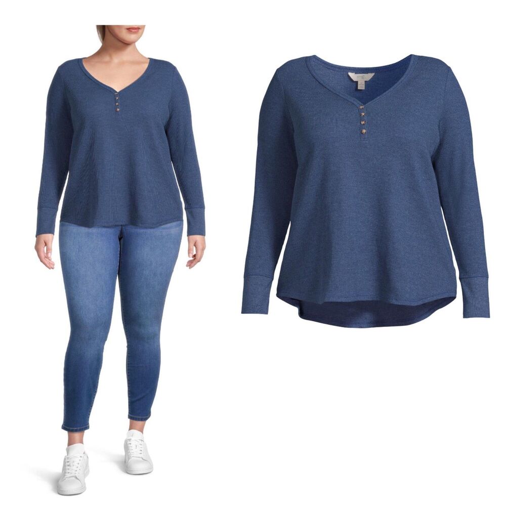 Terra & sky women  thermal knit waffle long sleeve blue v neck plus 4XL-5XL new